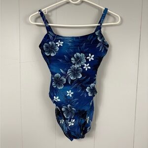 Leilani Vintage 90’s Blue Floral Hawaiian One Piece Swimsuit Padded Bra Vacation